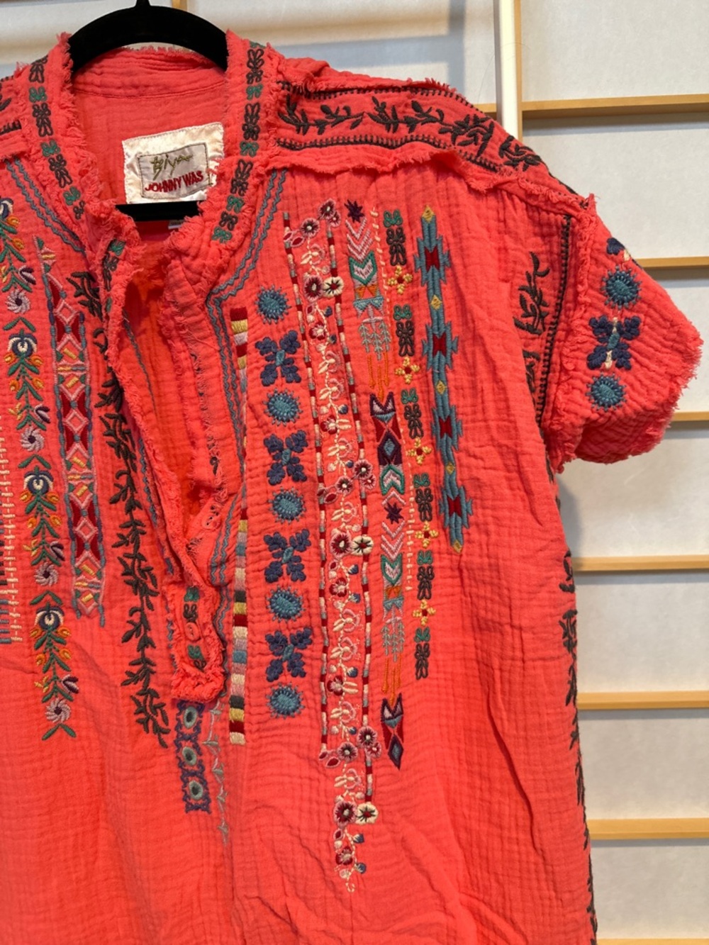 Johnny Was Coral Red Embroidered Cotton Gauze Tunic - Picture 3 of 7